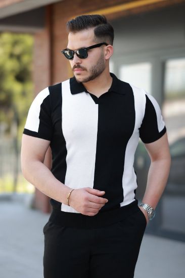 Erkek Kısa Kollu Polo Yakalı Blok Desenli Triko Bluz resmi